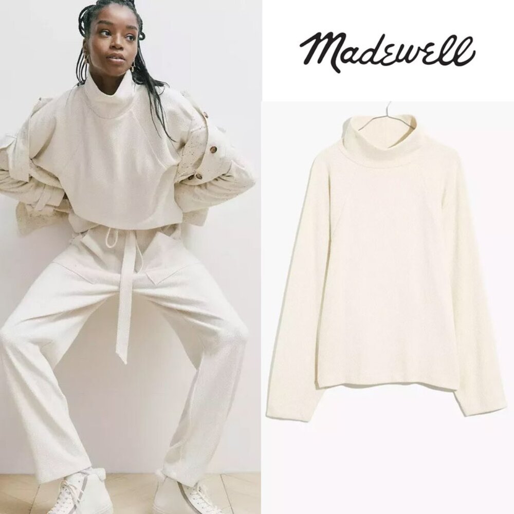 Madewell Brushed Herringbone Jacquard Turtleneck Top Funnel Neck Cream Ivory S